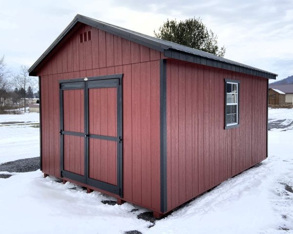 dark red shed with black trimming