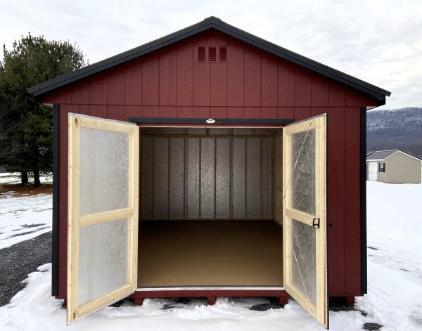 dark red shed with 2 entry doors
