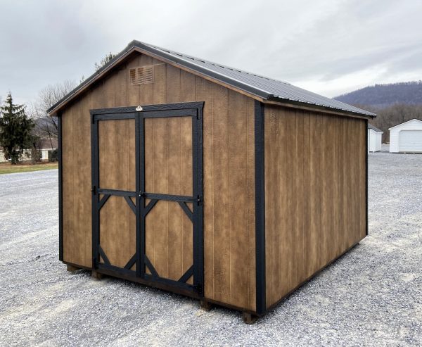 Brown distressed shed with black trimming