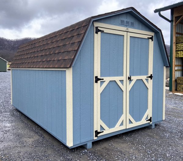 blue shed with white trimming