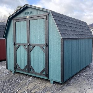 blue shed with black trimming