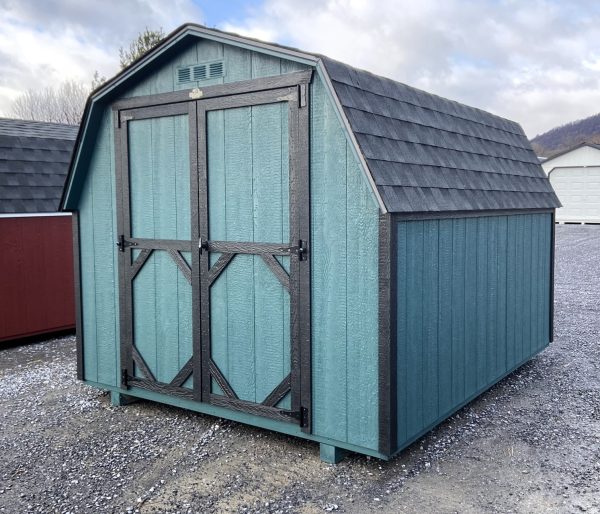 blue shed with black trimming