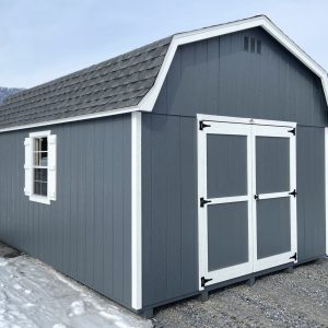 dark grey shed with white trimming