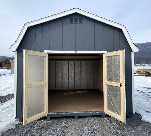 dark grey shed with open entry doors