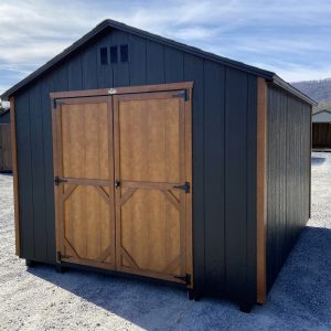 Black Shed with Brown Trimming and Doors
