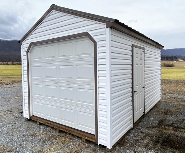 White Garage Shed with Brown Roof and Trimming
